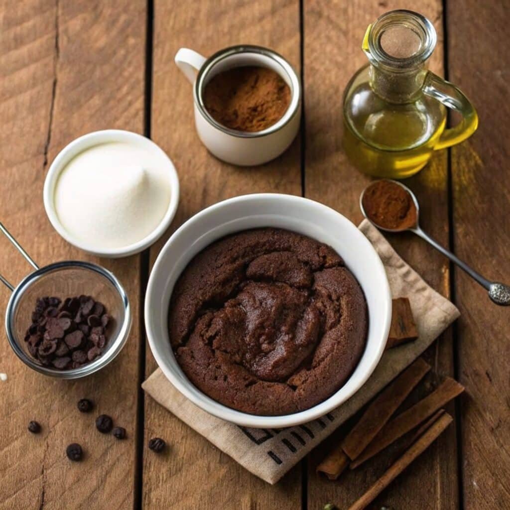 Ingredients for brownie in a mug with brownie mix