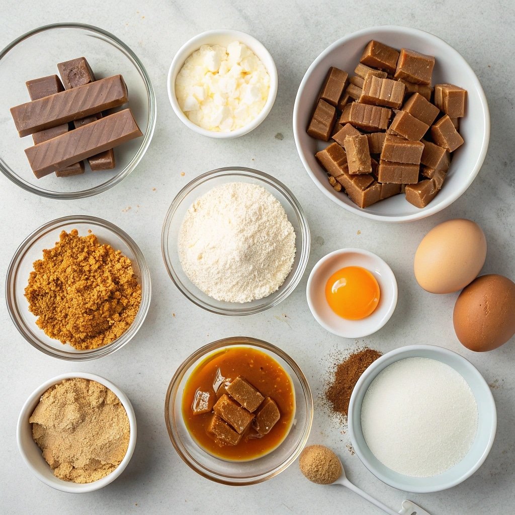 Ingredients for butterfinger caramel cheesecake bars