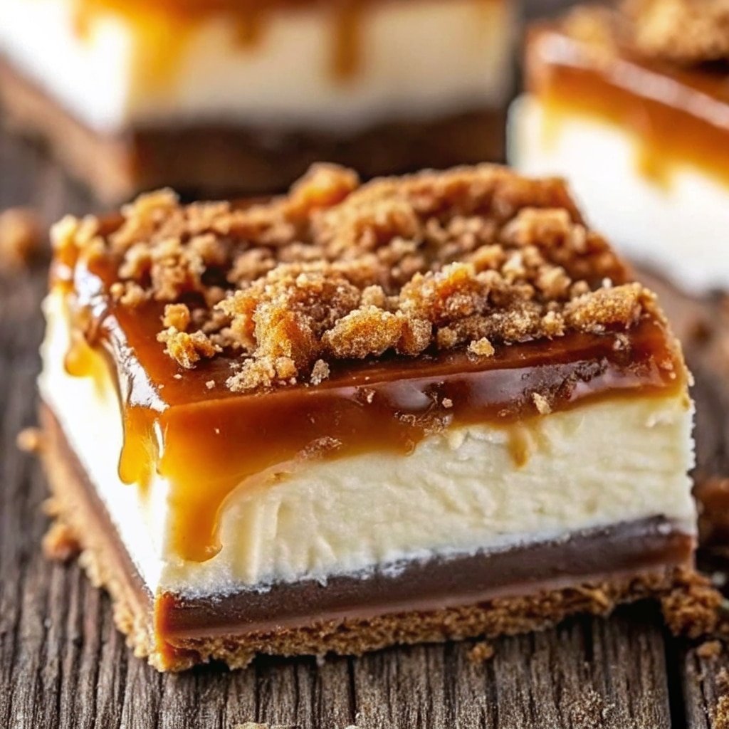 Butterfinger caramel cheesecake bars sliced and served