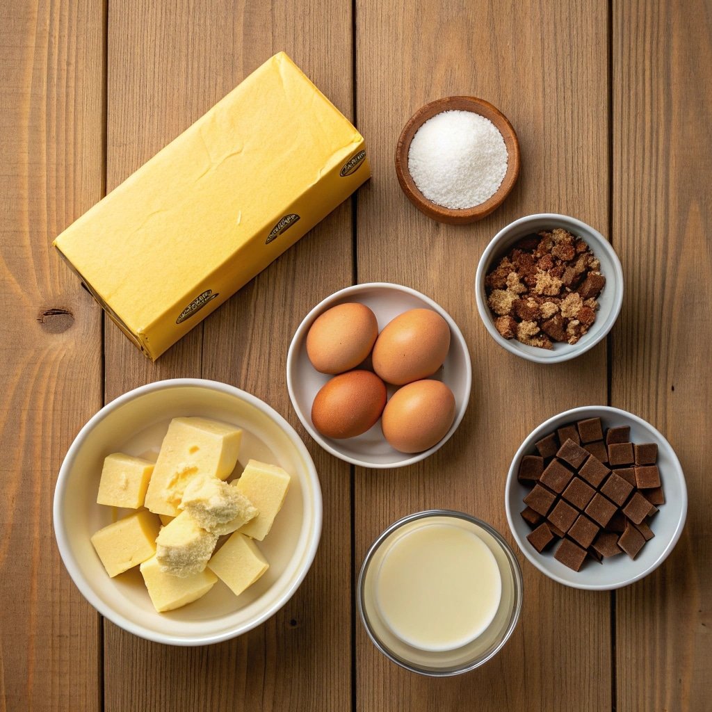 Ingredients for cake mix toffee bars on table