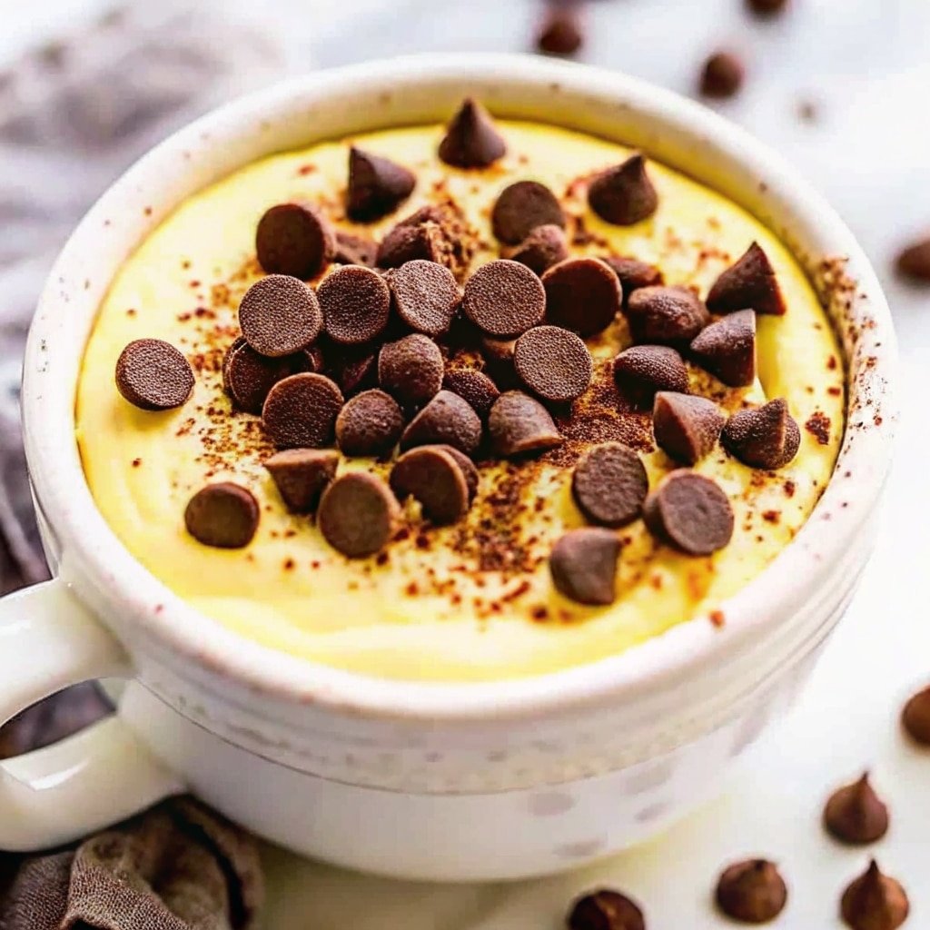 chocolate chip mug cake in a mug on a wooden table