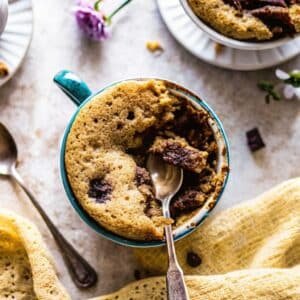 chocolate chunk banana bread mug cake in a mug