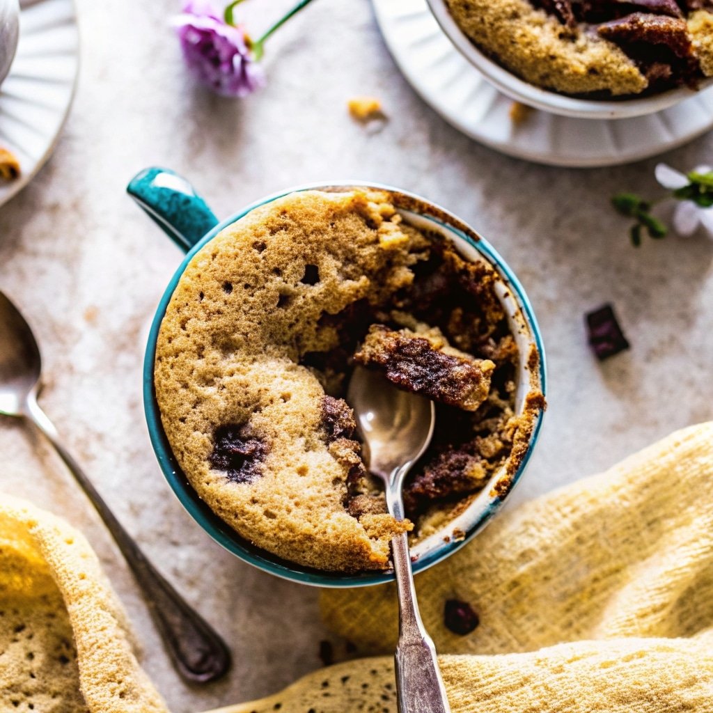 chocolate chunk banana bread mug cake in a mug