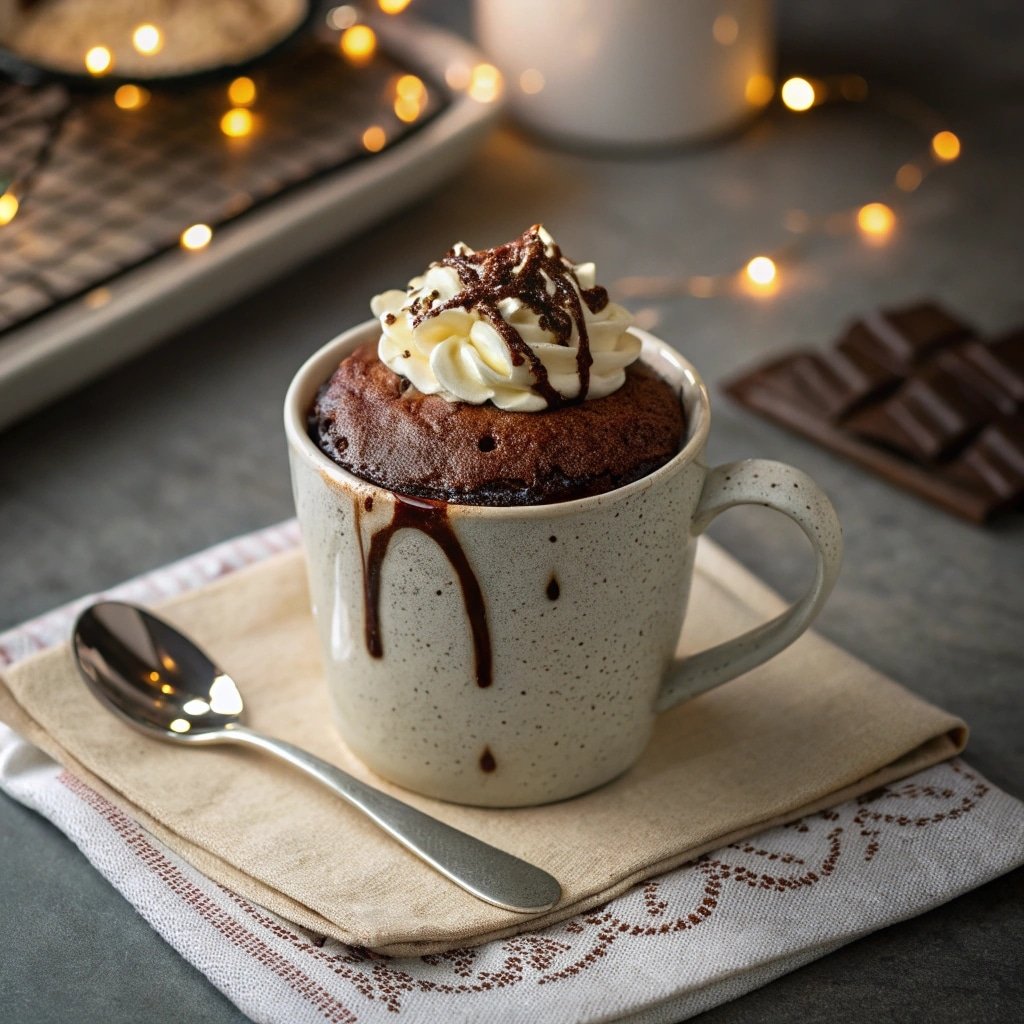 Served chocolate mug cake with whipped cream