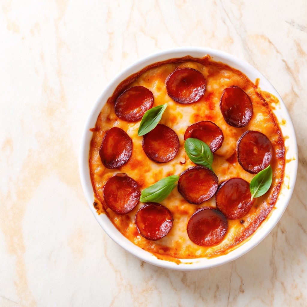 Cottage cheese pizza bowl with marinara and melted cheese