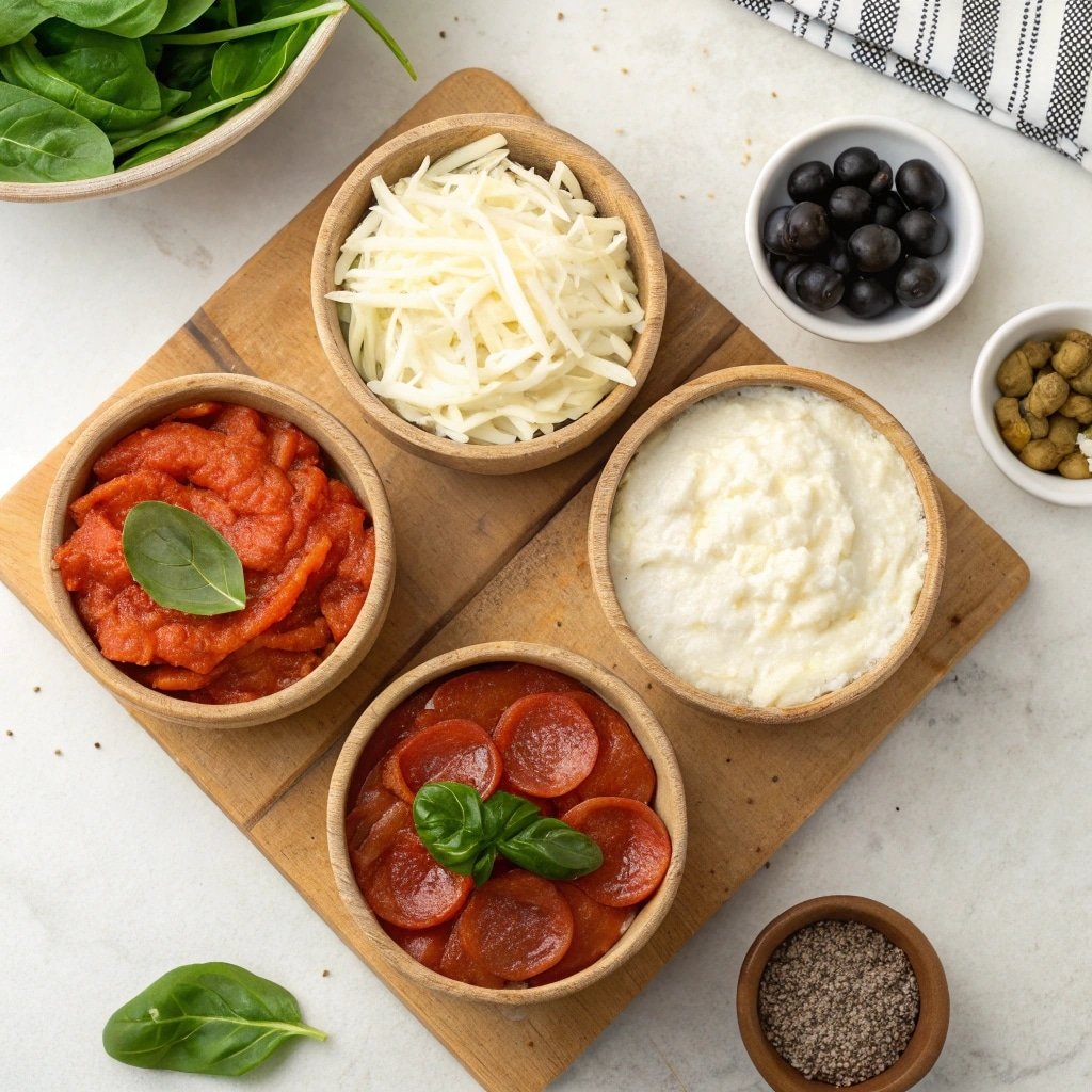 Cottage Cheese Pizza Bowl: Quick, Cheesy, High-Protein Meal in Minutes 6 Ingredients for cottage cheese pizza bowl including cottage cheese, marinara, and toppings