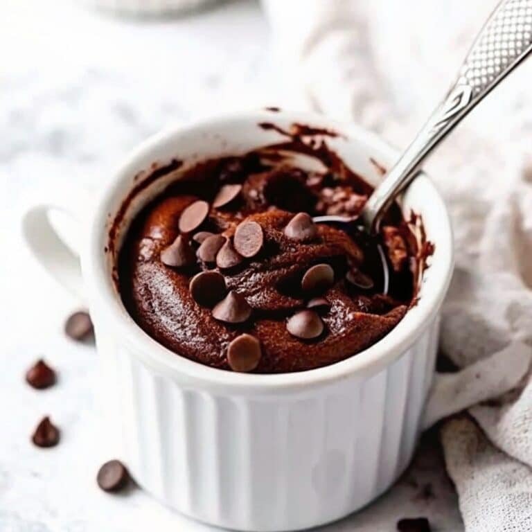 High-protein mug cake in ceramic mug with toppings