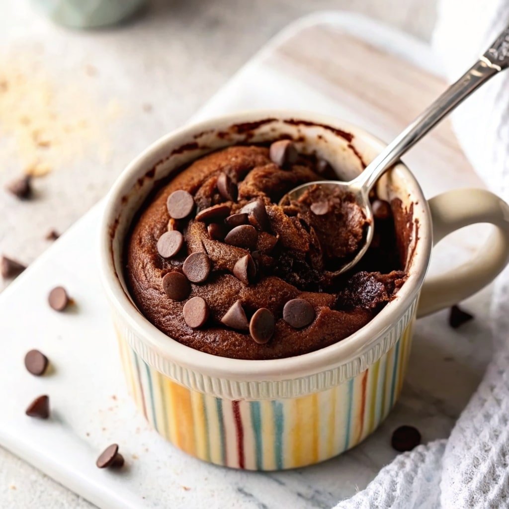 High-protein mug cake in ceramic mug