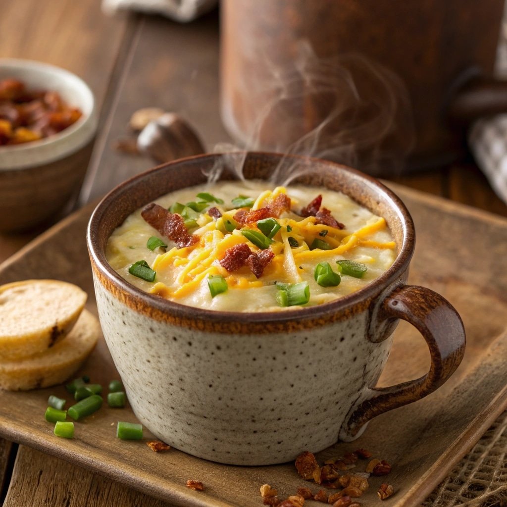 Loaded Baked Potato Soup in a Mug served hot