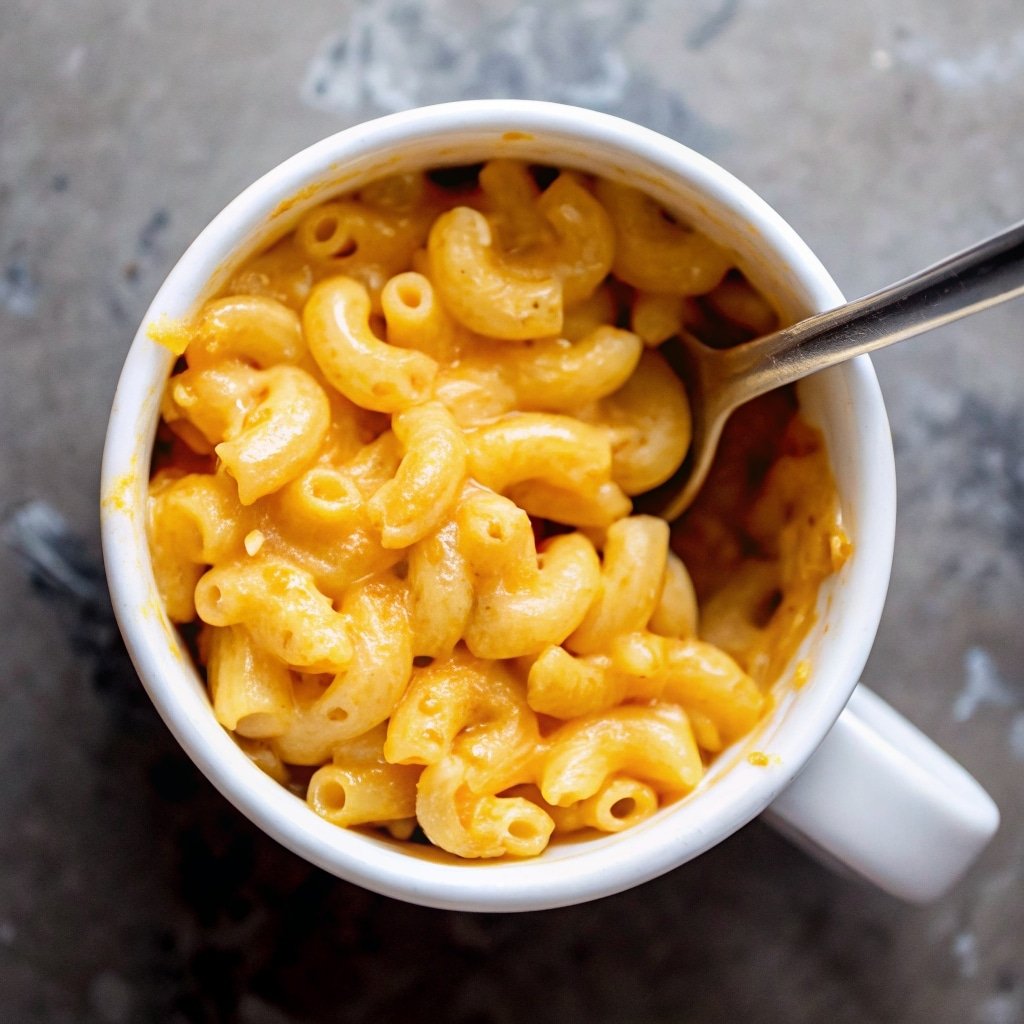 Served mac and cheese in a mug with spoon