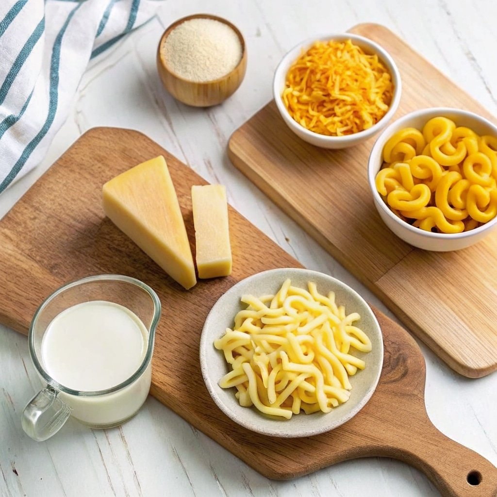 Ingredients for mac and cheese in a mug on a board