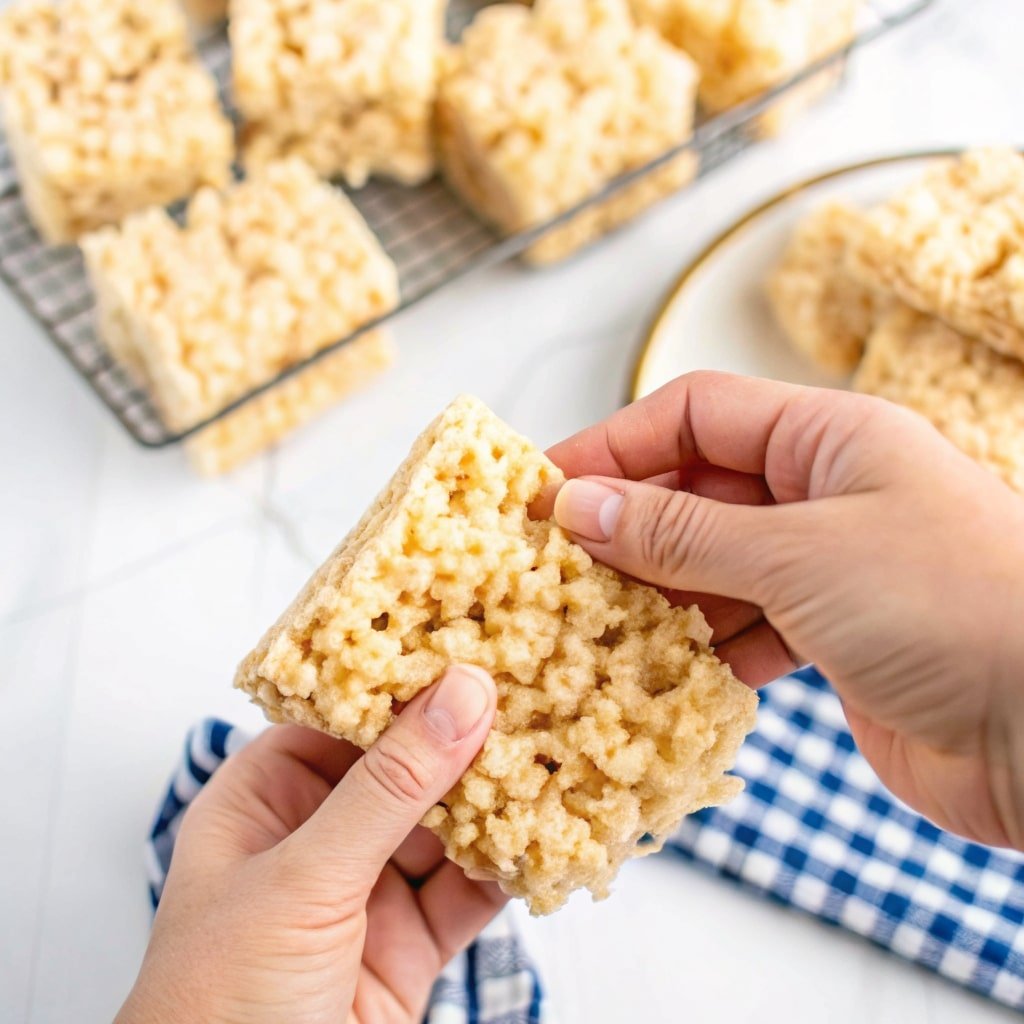 Microwave rice krispie cakes stacked and ready to eat