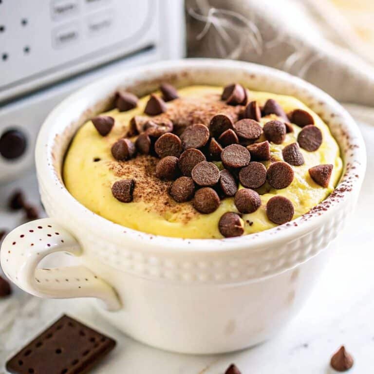 served chocolate chip mug cake with ice cream