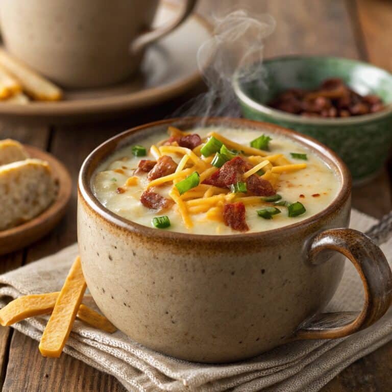 Served loaded potato soup in a mug