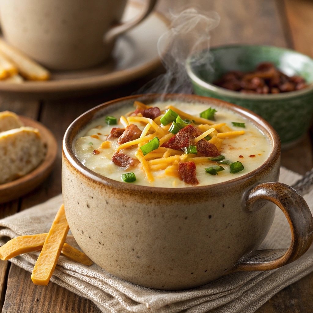 Served loaded potato soup in a mug