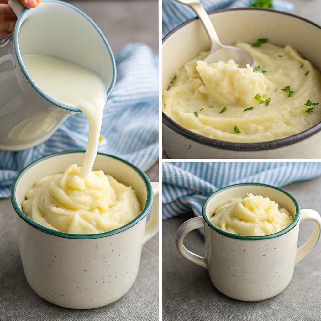 Preparing loaded baked potato soup in mug