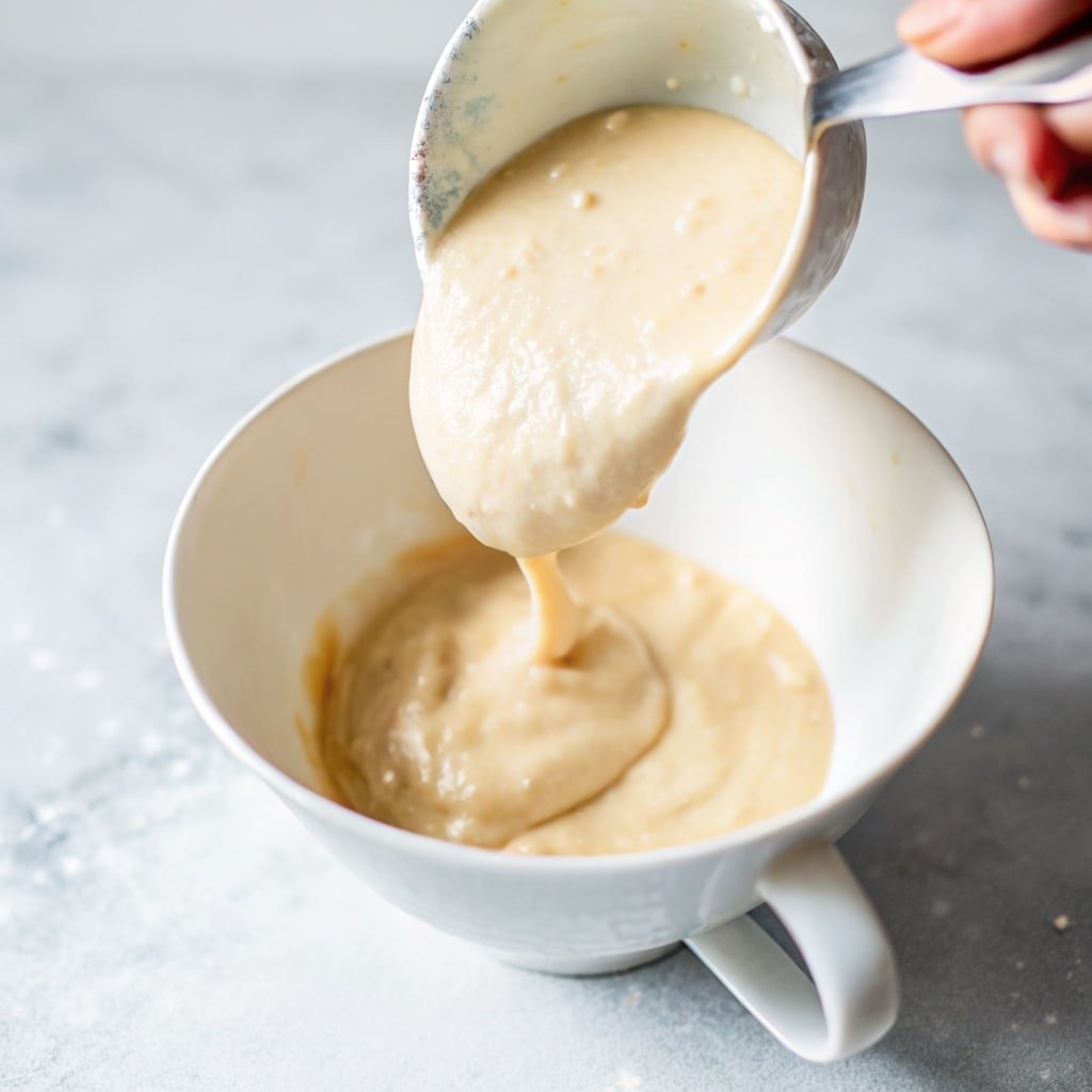 pouring coffee mug cake without egg batter